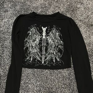 Black Long Sleeve Cropped Graphic T-Shirt with Wings